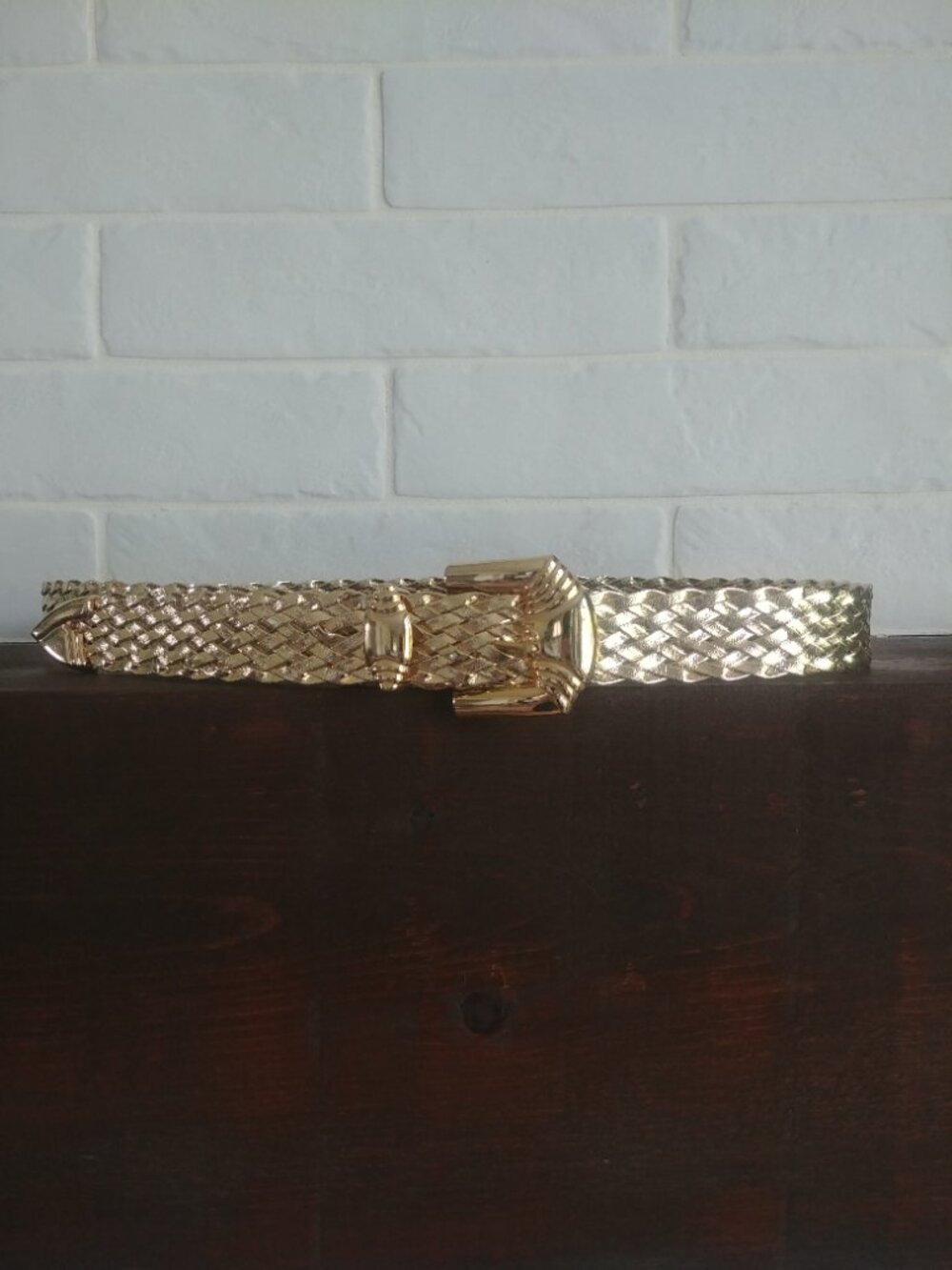Vintage gold tone braid belt with heavy gold buckle and tip